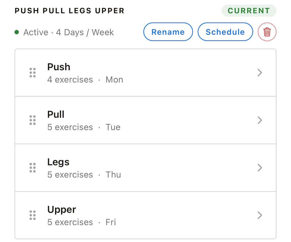 Splitmaxx split screen showing a Push, Pull, Legs, Upper split at 4 days a week
