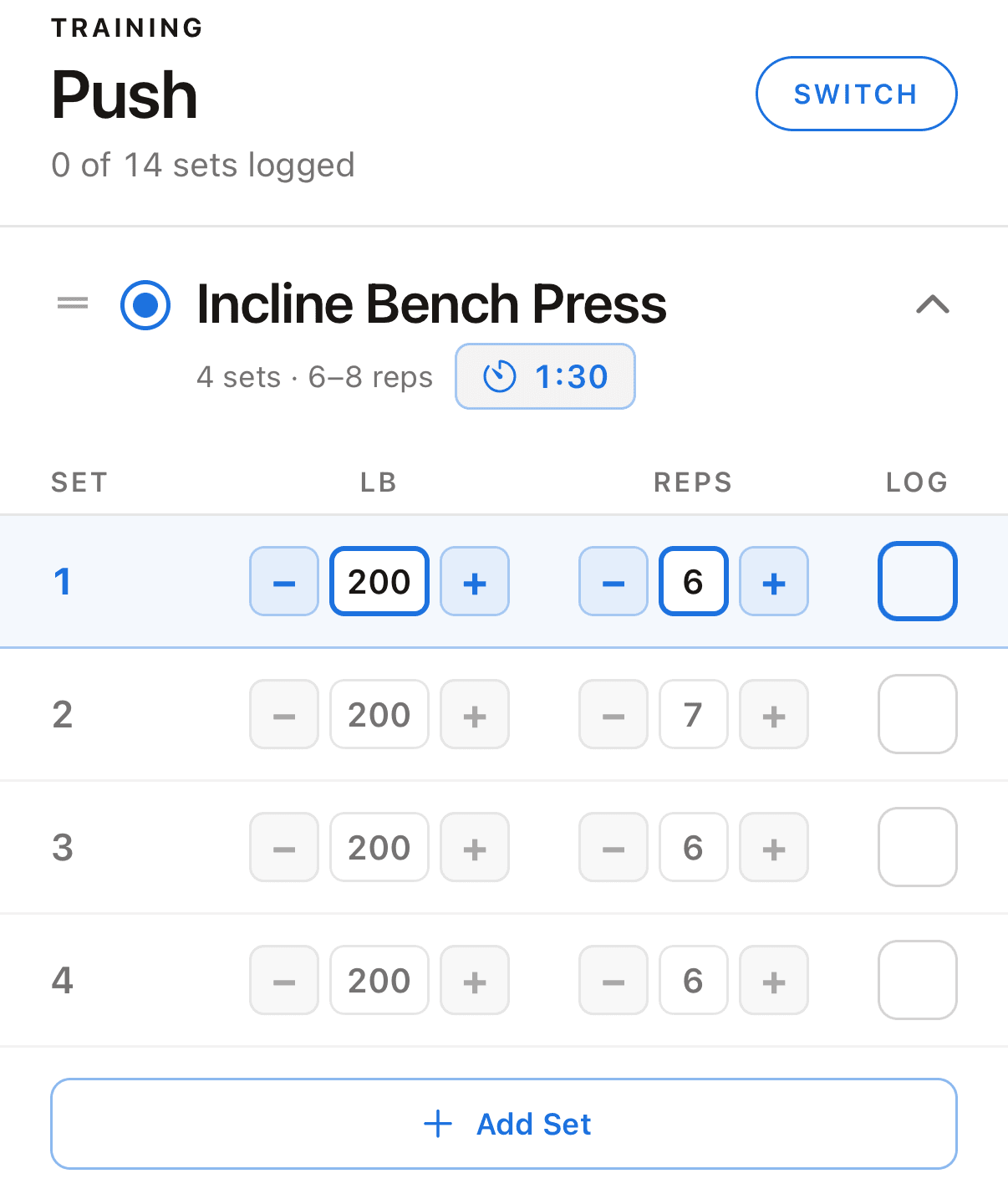 Logging incline bench press sets on Push day in Splitmaxx with weight and rep steppers and a 1:30 rest timer